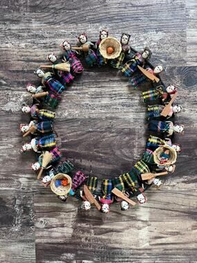Vintage Guatemalan Worry Doll Wreath | Handmade Folk Art Wall Hanging